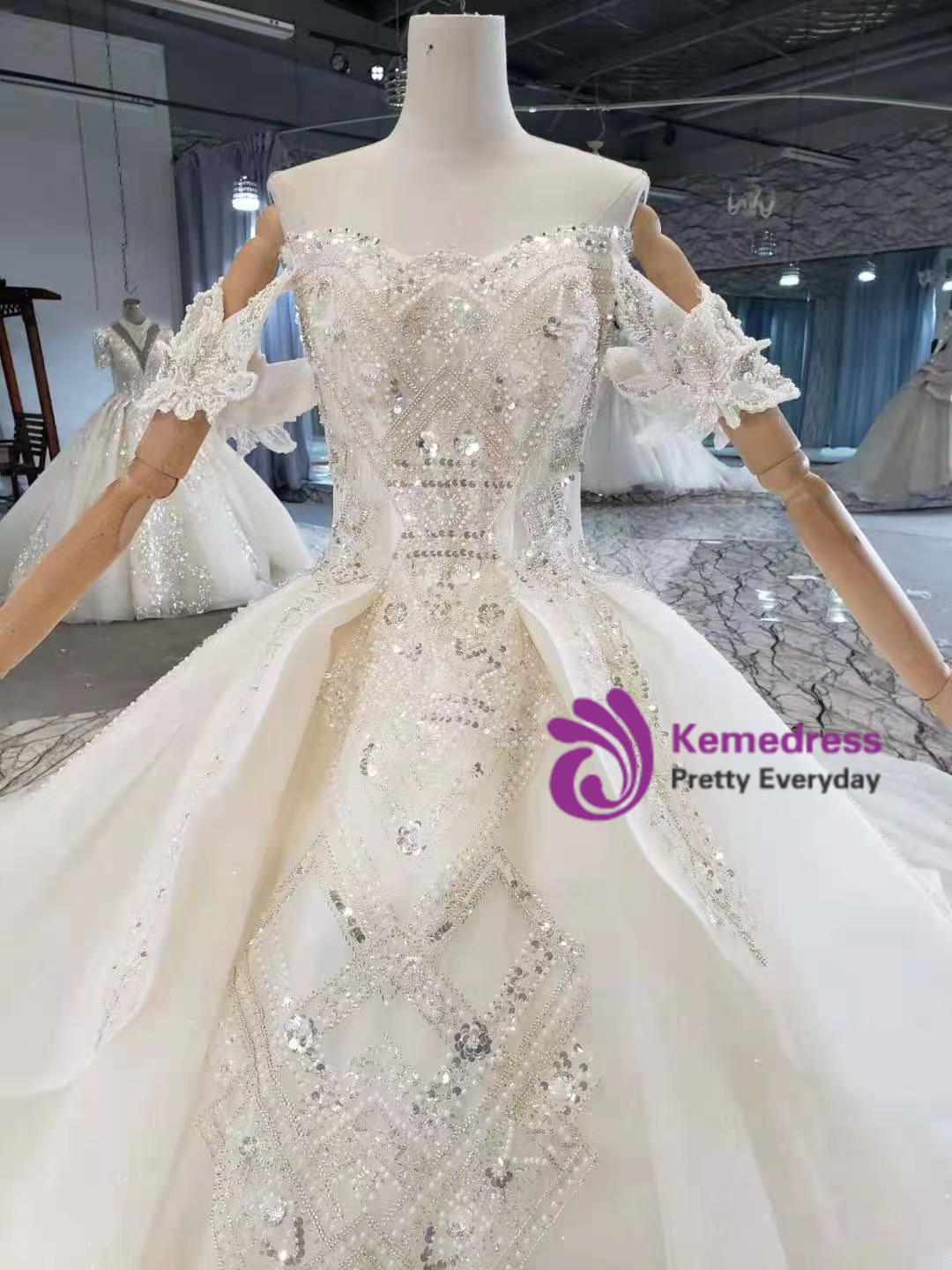 White Sequins Off the Shoulder Wedding Dress main image 1