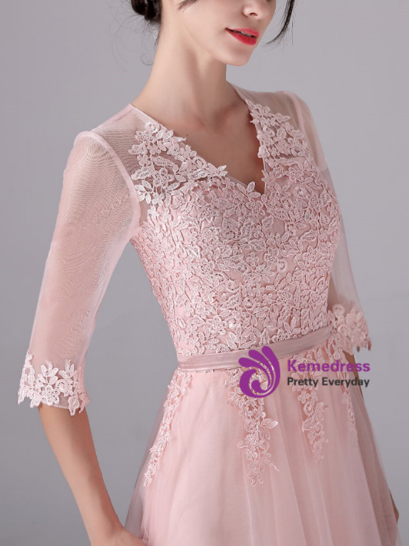 Blush Pink Tulle Applique V Neck Sleeveless Prom Dresses LBQ0998