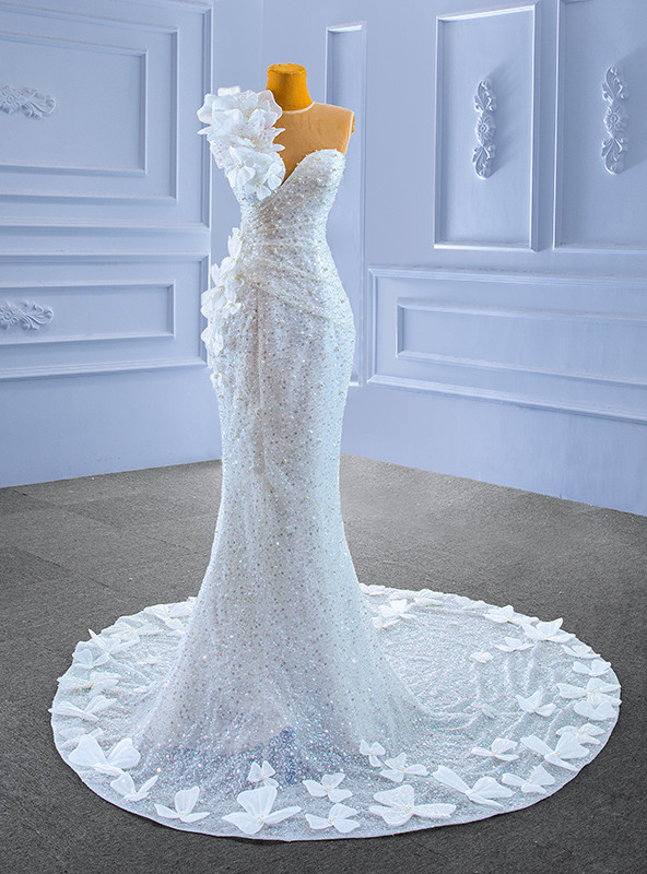 White Mermaid Long Sleeve Sequins Pearls Wedding Dresses