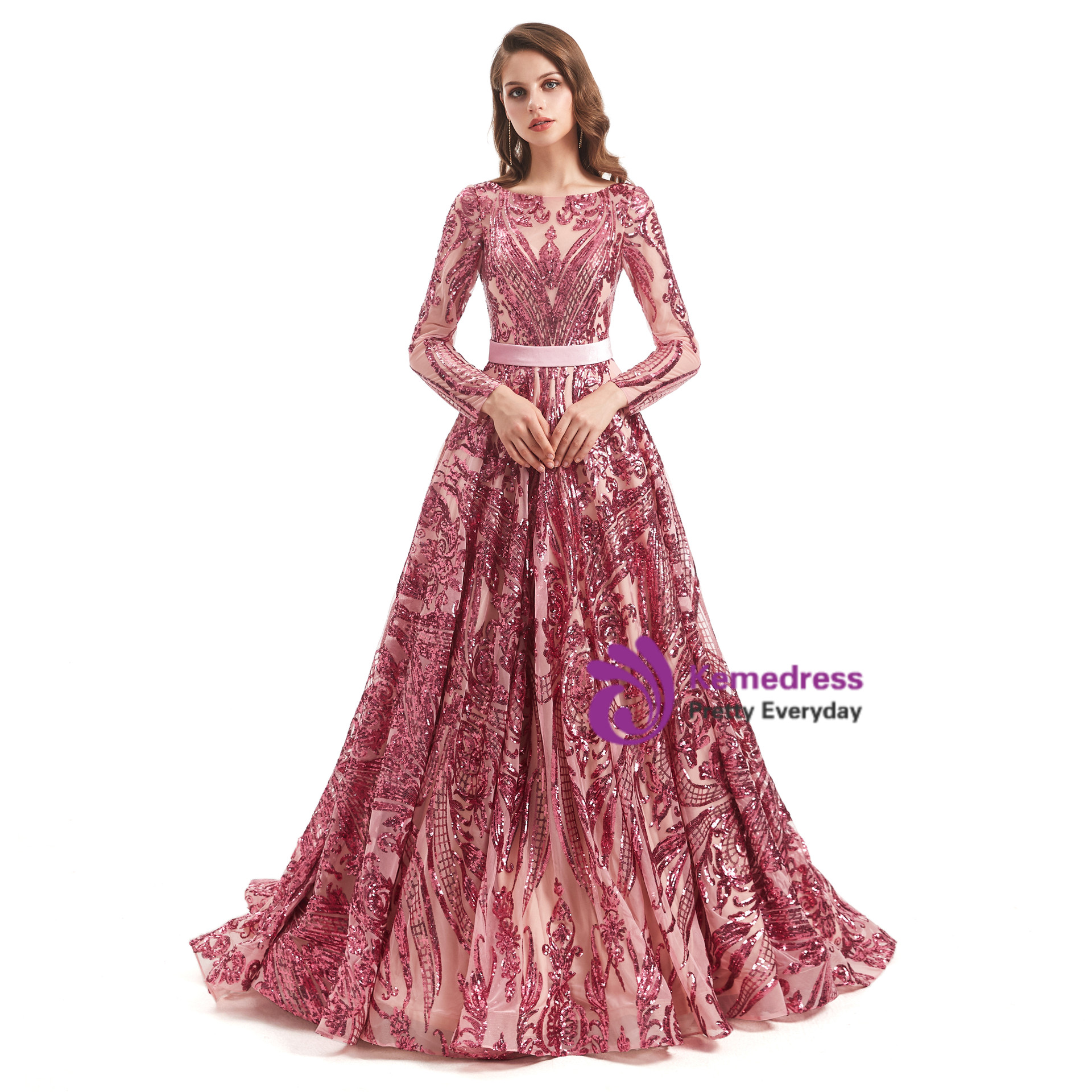 Pink Sequins Long Sleeve Backless Prom Dress