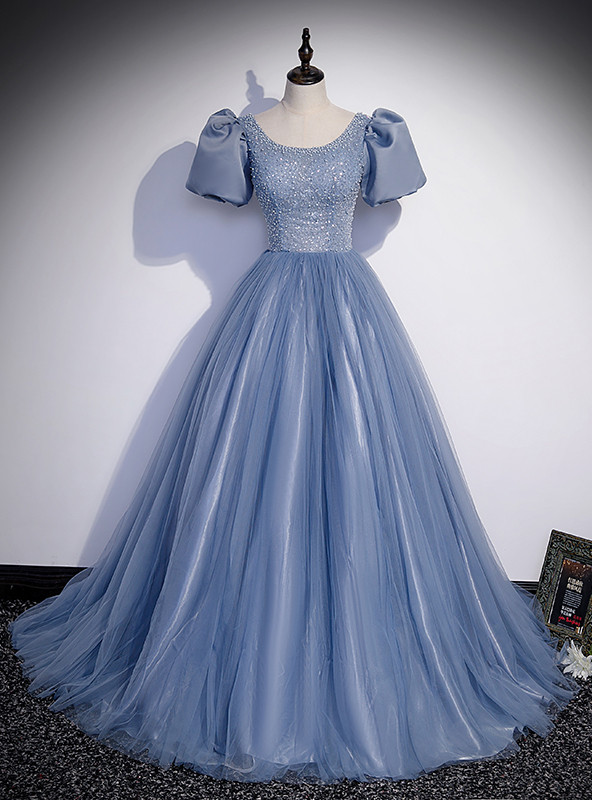 Women's Elegant Puff Sleeves Tassel Pearls Tulle Evening Prom Gown Dress