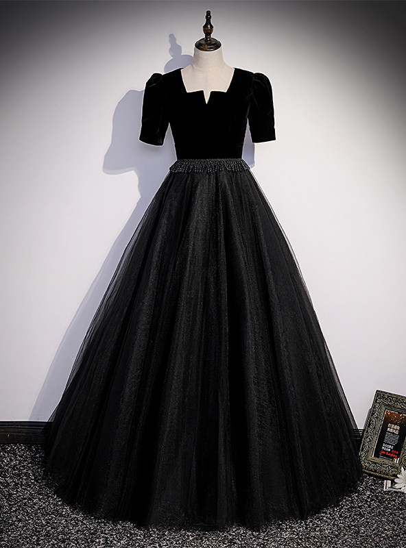 Black Velvet Short Beaded Party Dress with Bow, Black Velvet Homecoming Dress