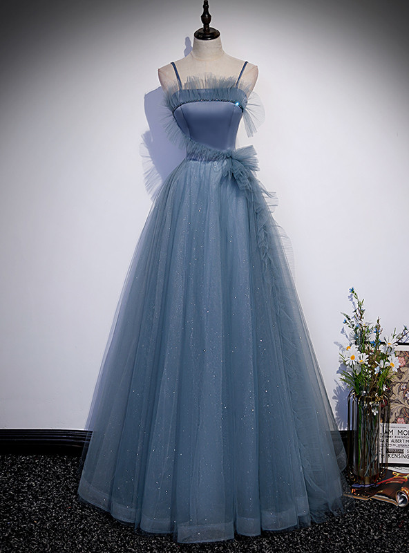 Tulle Pleated Bodice Spaghetti Straps Dresses Dark Navy