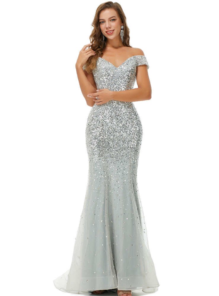Silver Prom Dresses Gorgeous Trumpet/Mermaid Long Sleeves Sequins Lace Prom Dresses main image 1