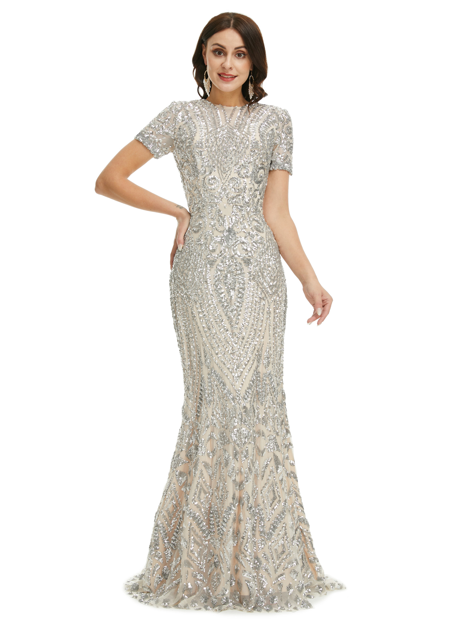 Vintage Mermaid Chiffon Scoop Cap Sleeve Prom Dresses With Rhinestone main image 1