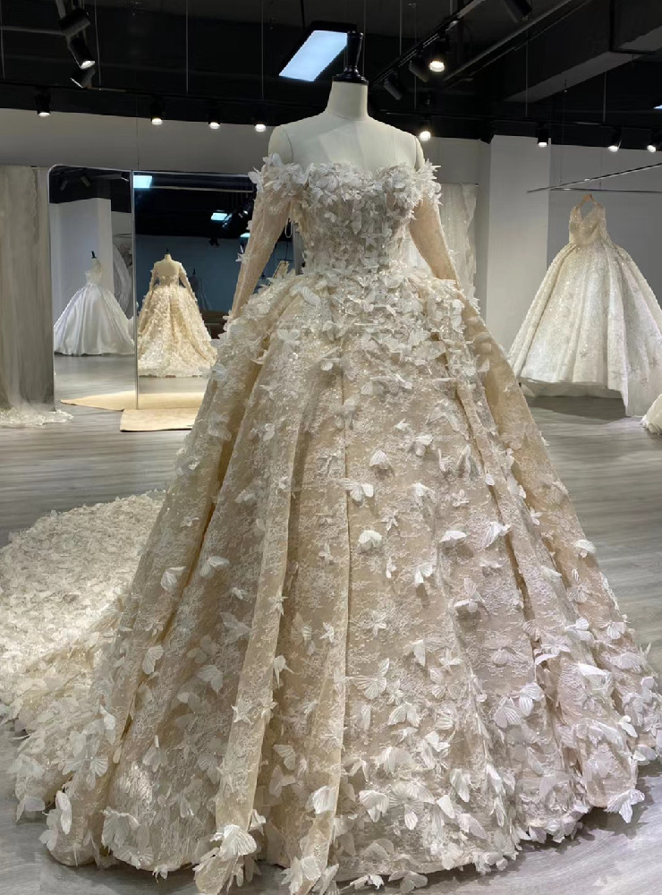 Champagne Tulle Plus Size Appliques Off The Shoulder Wedding Dress With Slit