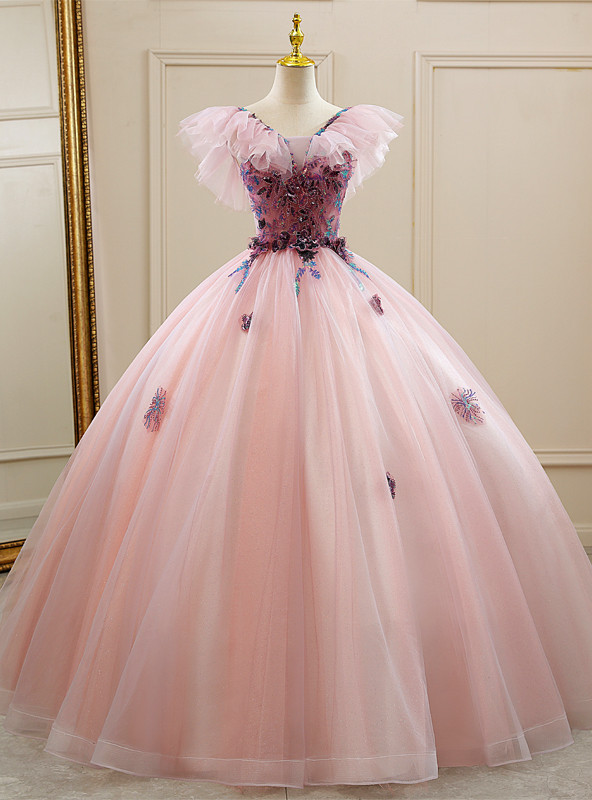 Pink Lace Quinceanera Dress Ball Gown Applique Lace Tulle Party Sweet 16 Dress