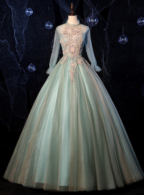 Pink Tulle Long Sleeve Appliques Beading Quinceanera Dress main image 1