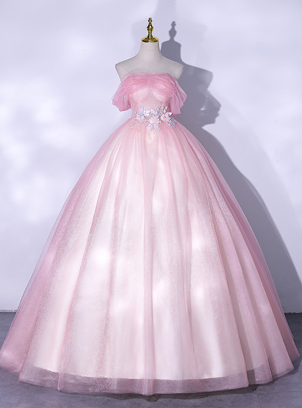 Classy Off The Shoulder Pink Tulle Sequin Appliques Ball Gown Formal Quinceanera Dress main image 1
