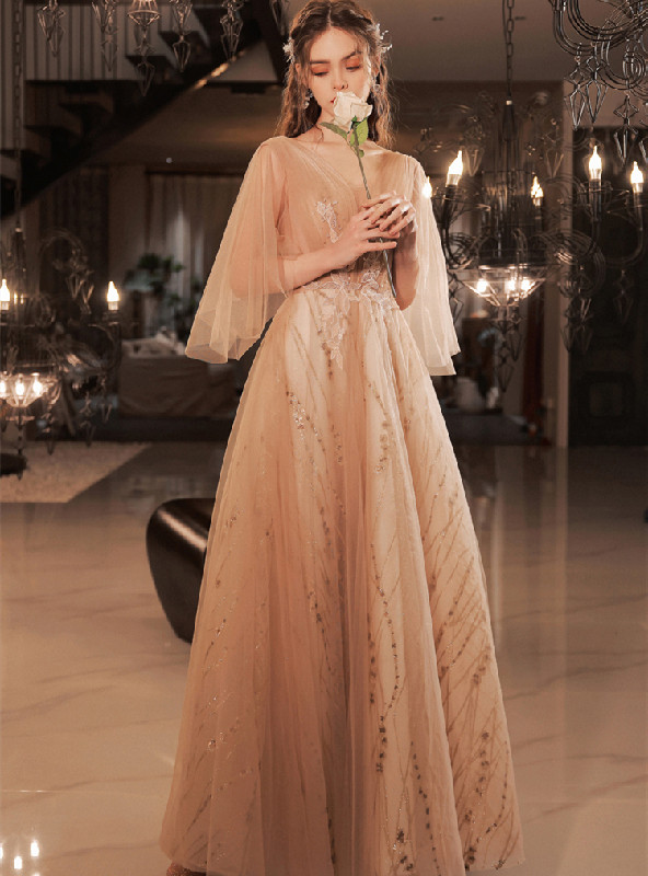 Elegant Red V-Neck Long Sleeves Appliques Sequined Prom Dress main image 1