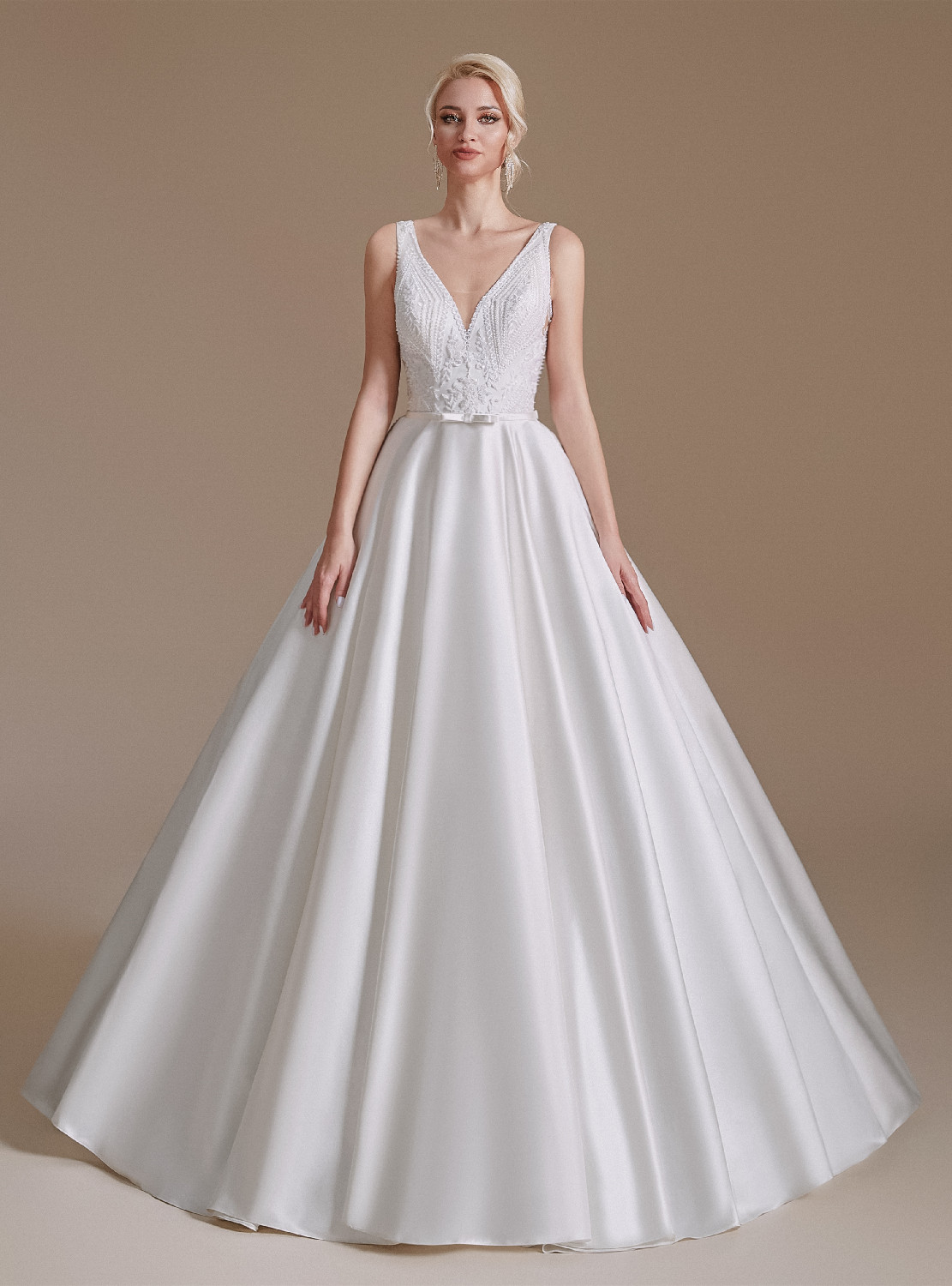 White Satin Lace High Neck Wedding Dress