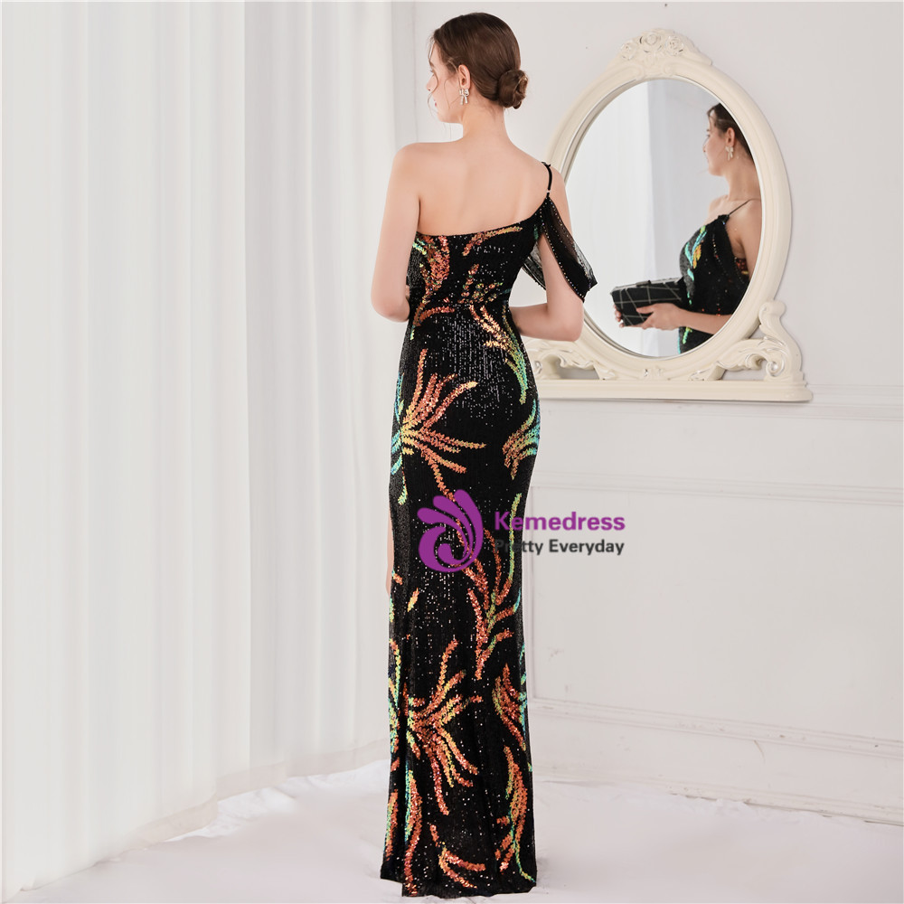 White Sequins High Slit One Shoulder Party Dress