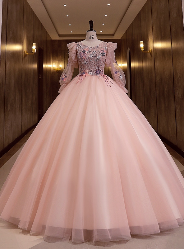Pink Tulle 3D Appliques Quinceanera Dress