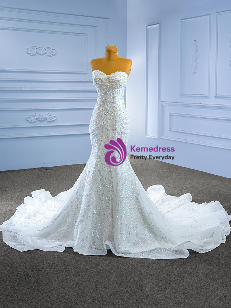 White Tulle Jewel Long Sequins Mermaid Evening Dress