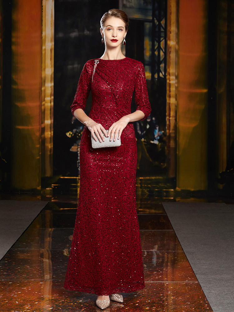 Cicinia Burgundy Mother Of The Bride Dress Long Chiffon A-line Tea Length V-neck Sequined Lace