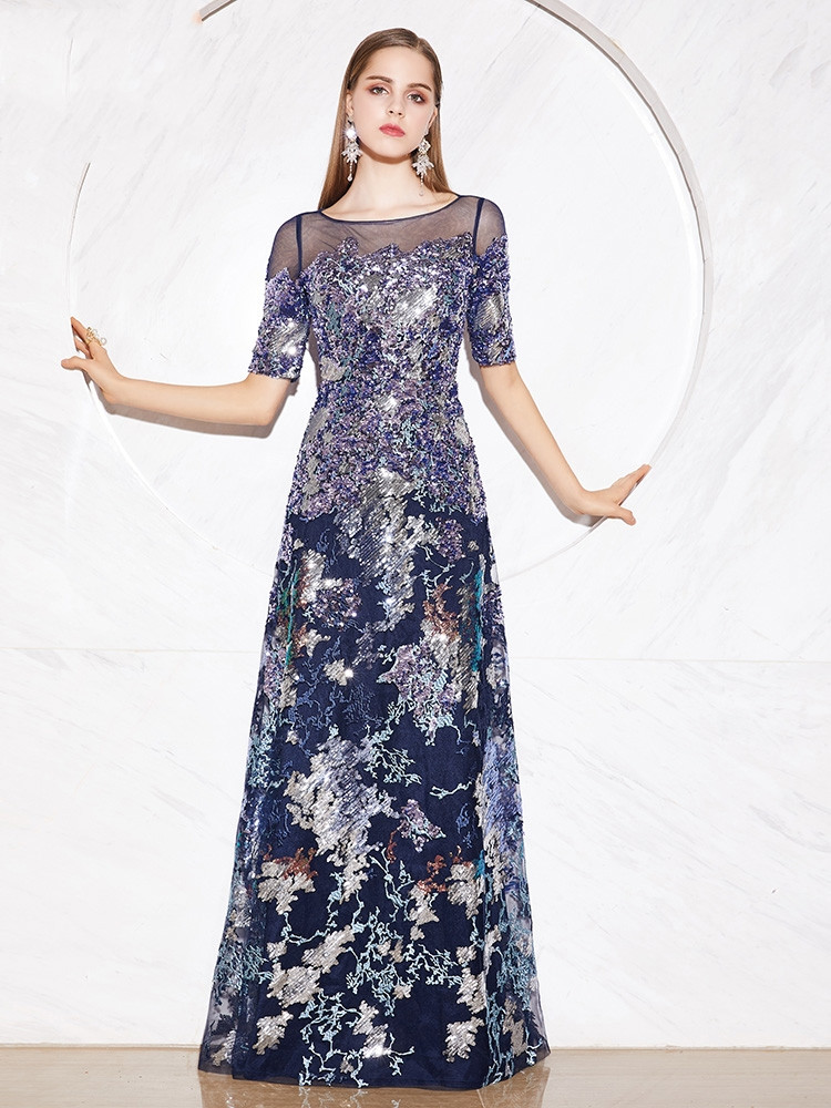 Navy Blue A-Line Embroidered Bodice 3/4 Sleeves with Belt Mother Of The Bride Dress main image 1