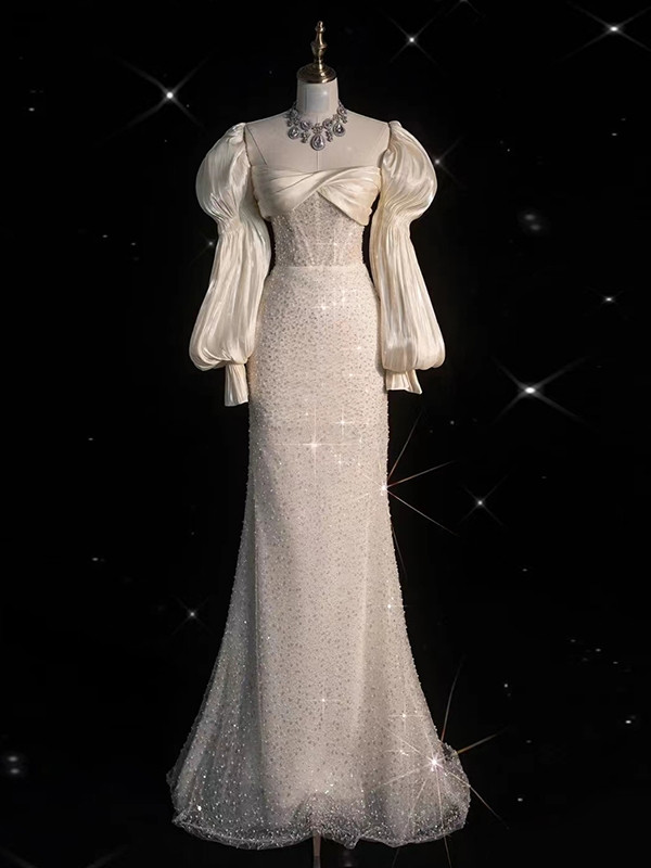 Modest White Satin Puffy Wedding Dress,White Bridal Gown Y6737 main image 1