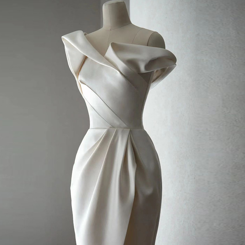 Ivory Timeless Off-shoulder Flower Pleated Satin A-line Wedding Dress