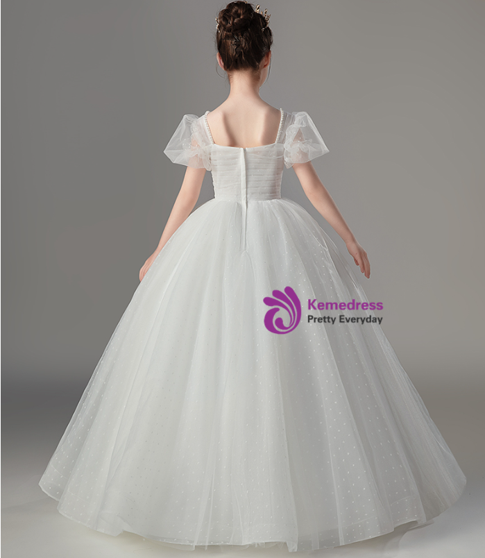 White Puffy Tulle Flower Girl Dress with Fabric Flowers