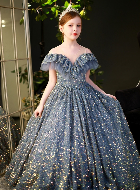 Light Blue Scoop Neck Half Sleeves Ball Gown Flower Girls Dress