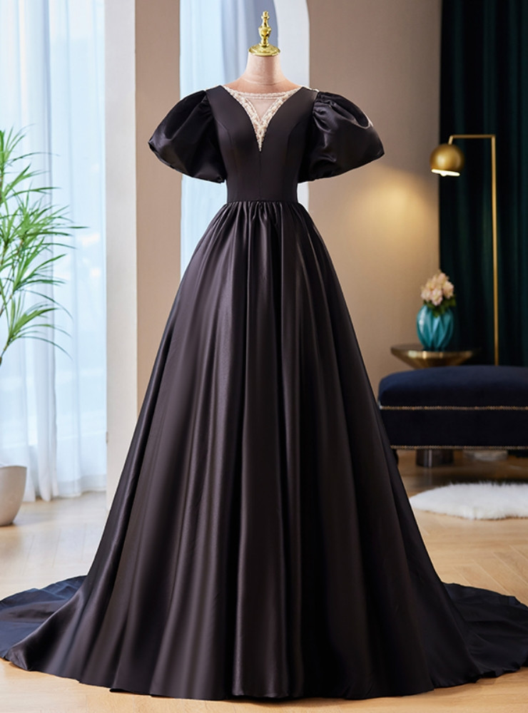 Cute Ball Gown Strapless Black Satin Ankle Length Prom Dresses With Ruffles Evening Dress C2599 main image 0