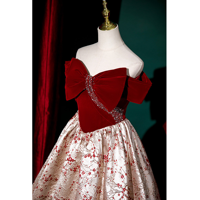 Burgundy Memraid Off the Shoulder Bow Evening Prom Dress main image 0