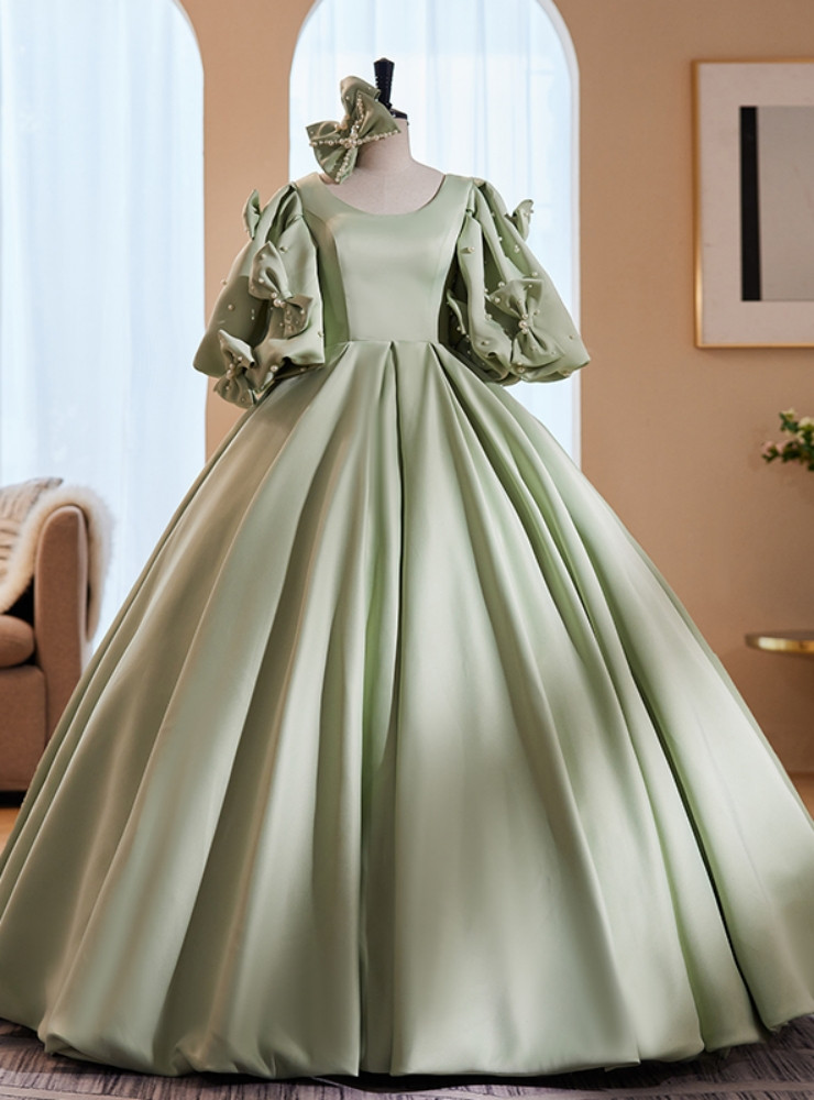 Green Satin Puff Sleeve Bow Pearls Quinceanera Dress main image 0