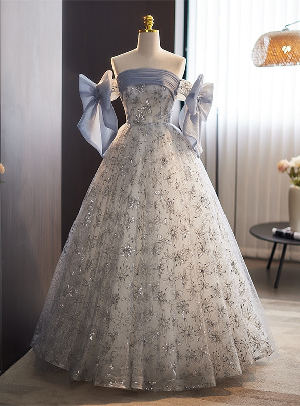 Blue Tulle Sequins Pearls Strapless Evening Prom Dress main image 0