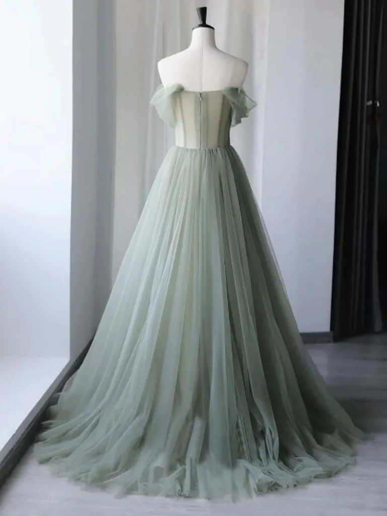Tulle Off The Shoulder Green Beading Sparkle Prom Dress