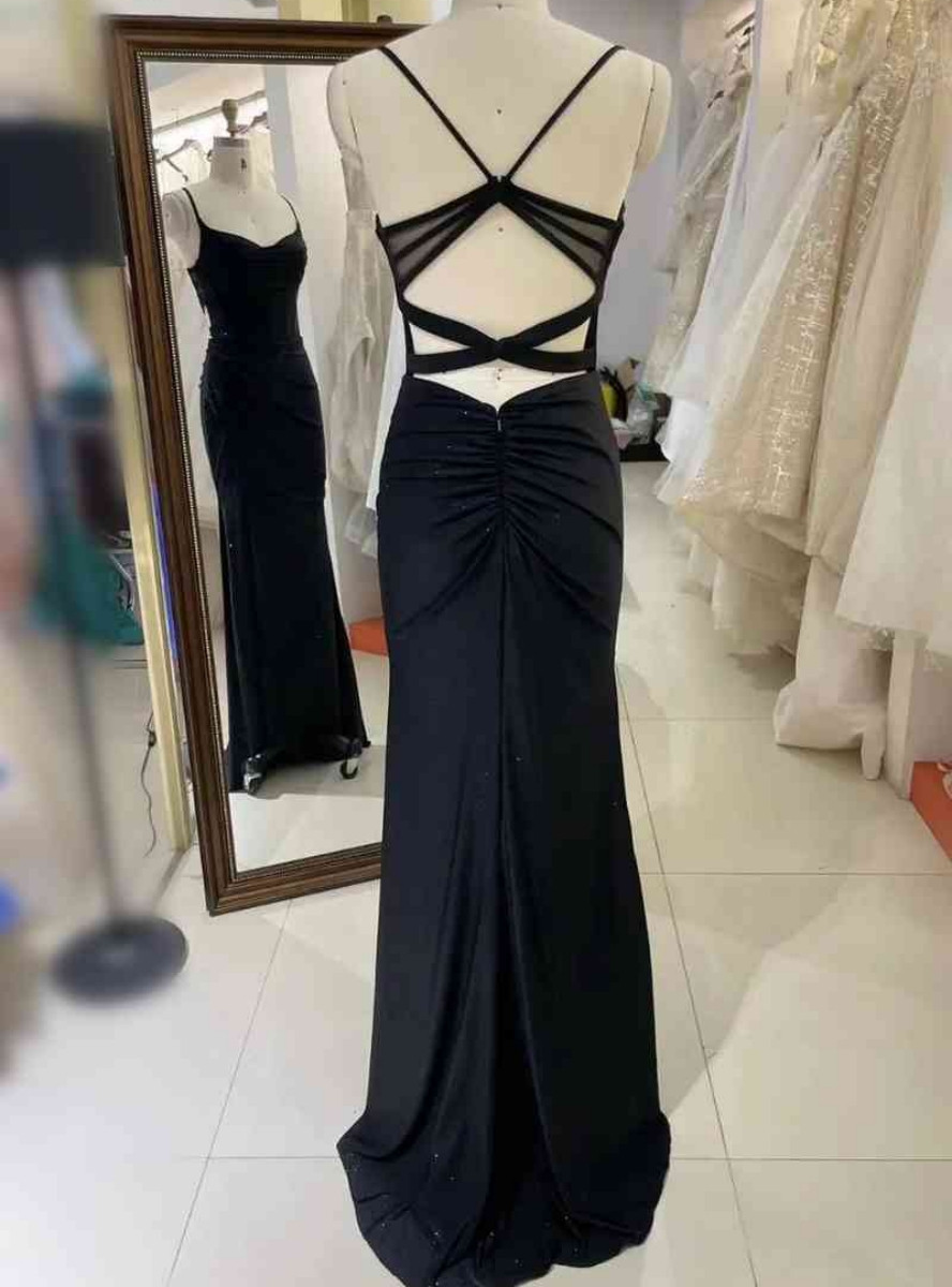 Black White Sheath Spaghetti Straps Long Prom Dress With Front Split