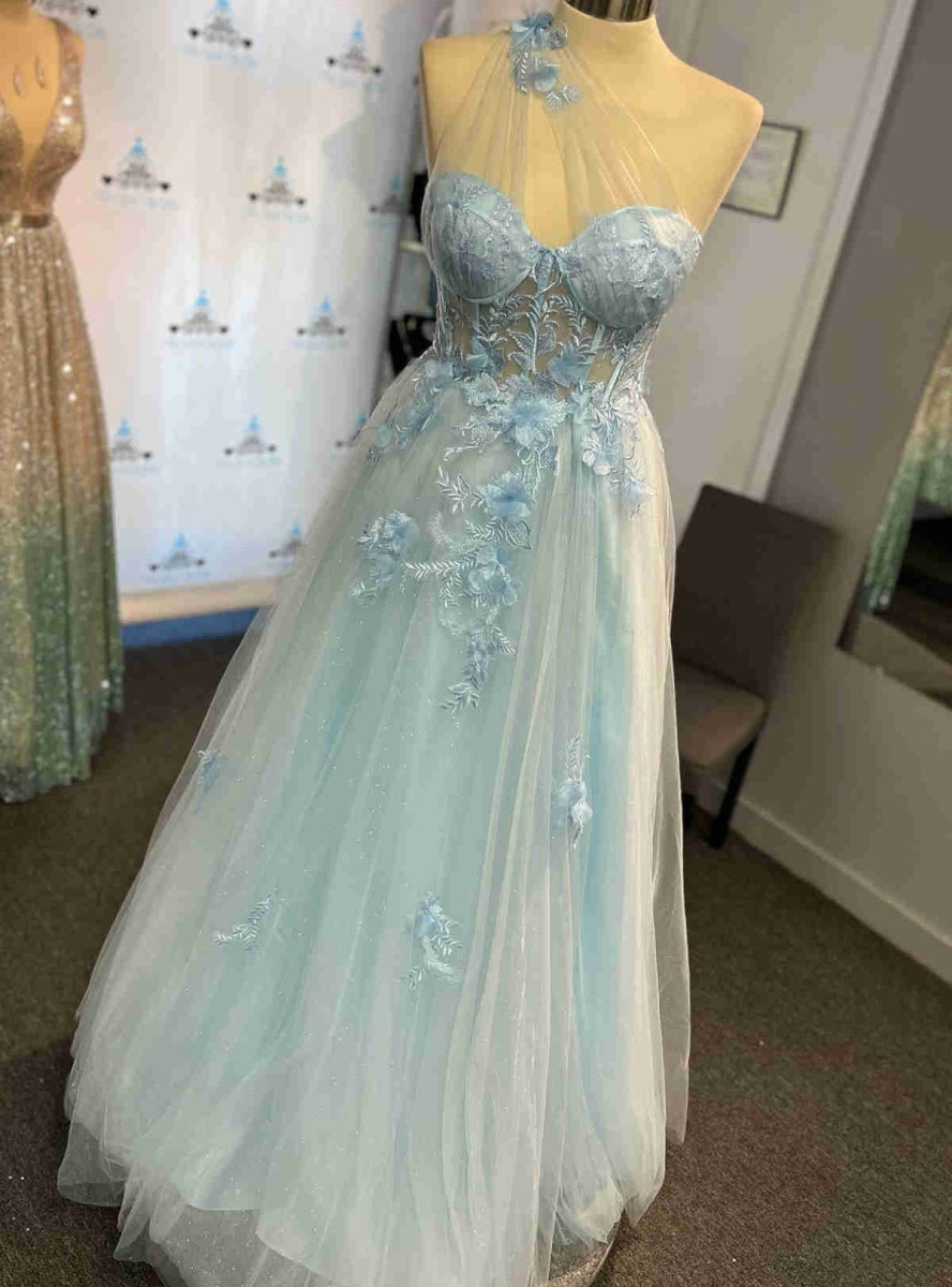 Wrap Top Tulle Half-Sleeve Appliques Prom Dresses main image 1