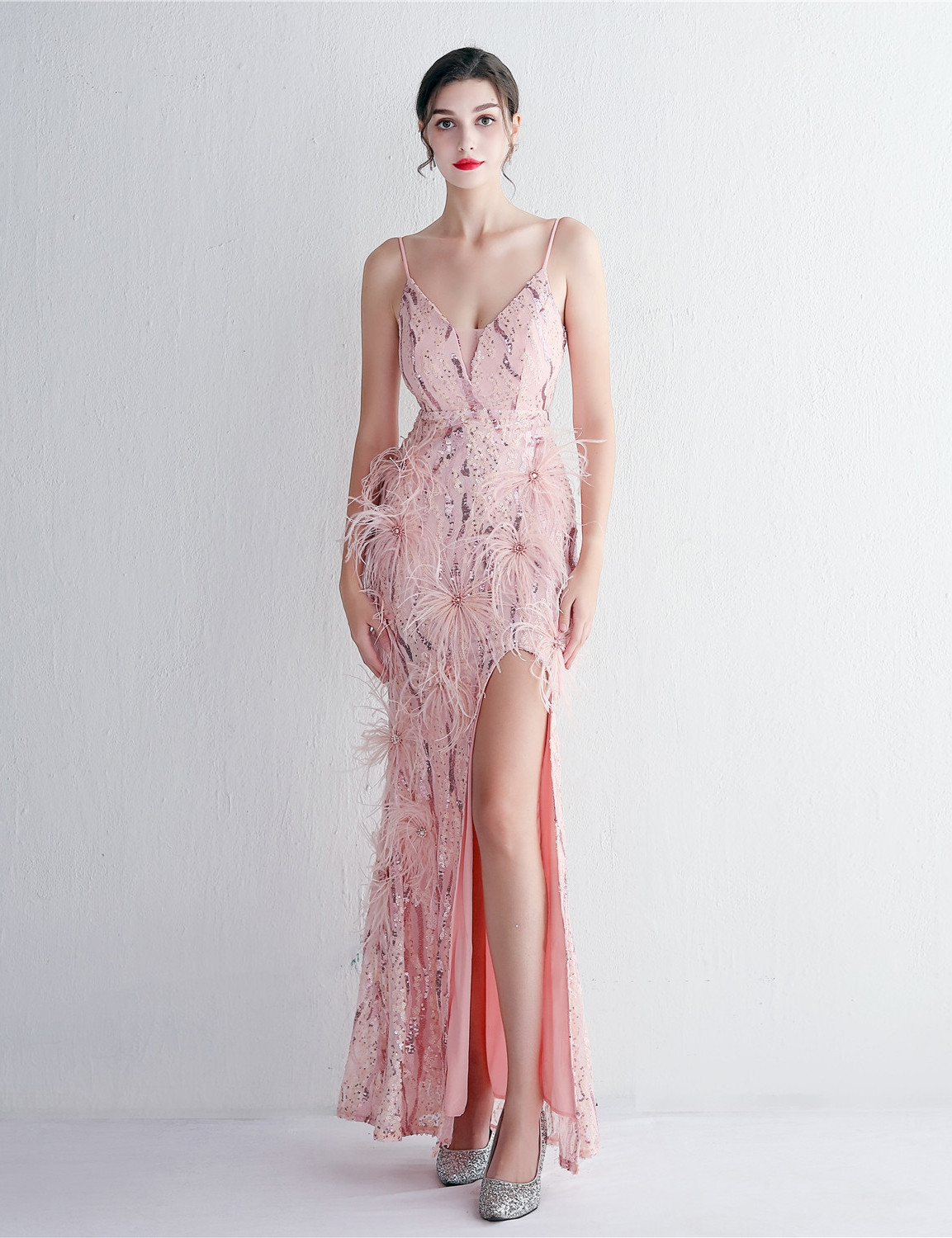16023 Pink Shimmer Feathery Evening Dress