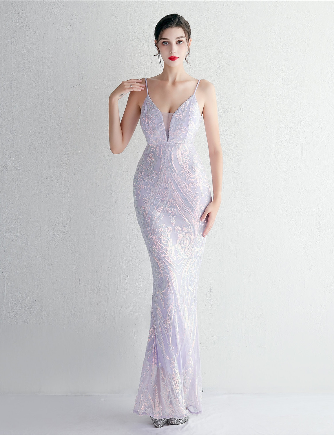 30091 Gold Sequins & Satin Belted Evening Dress