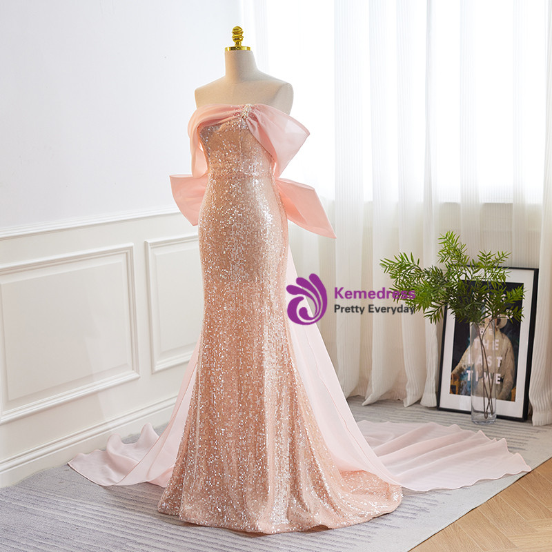 Stunning Pink Mermaid Train Off-The-Shoulder 3D Floral Satin Classy Prom Dress main image 1