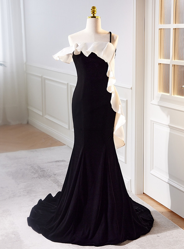Noble Mermaid Black Spaghetti Straps Black Satin Long Prom Dress, Evening Dress main image 1