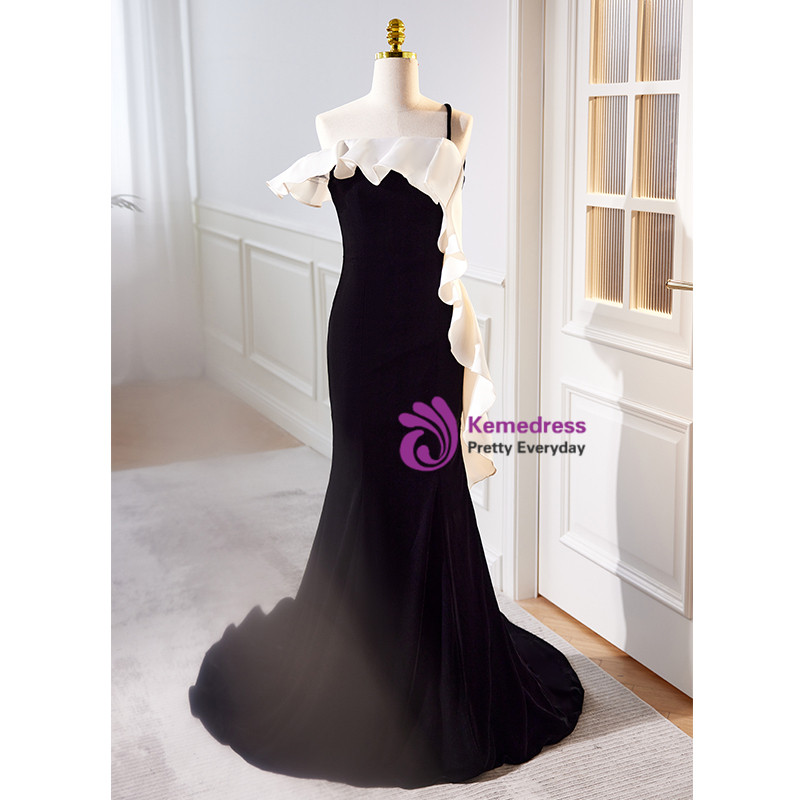 Pretty Mermaid Spaghetti Straps Wine Red Velvet Long Evening Dress Prom Dresses main image 1
