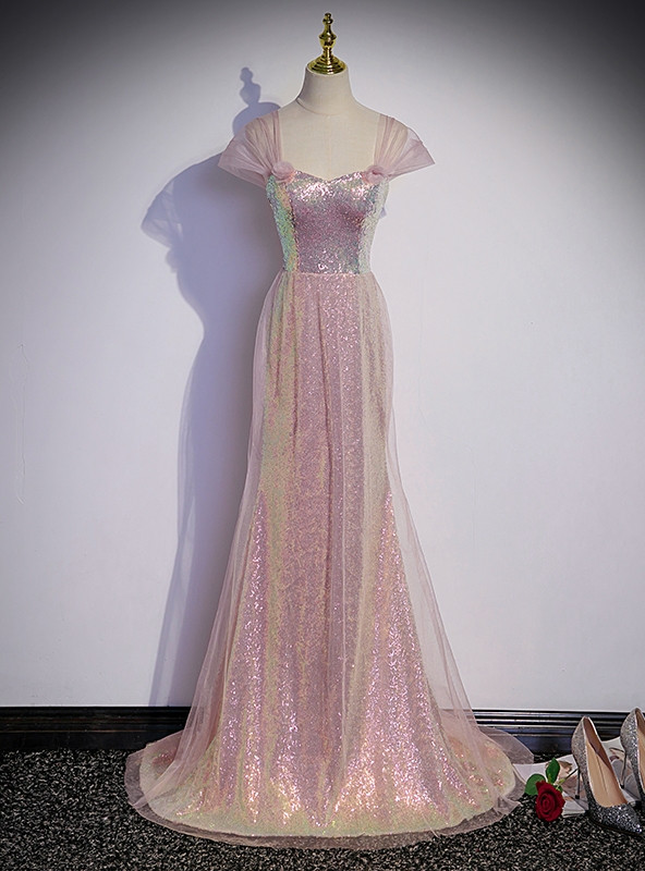 Charming Mermaid Off the Shoulder Hot Pink Sequins Prom Dresses with Feather VK073183