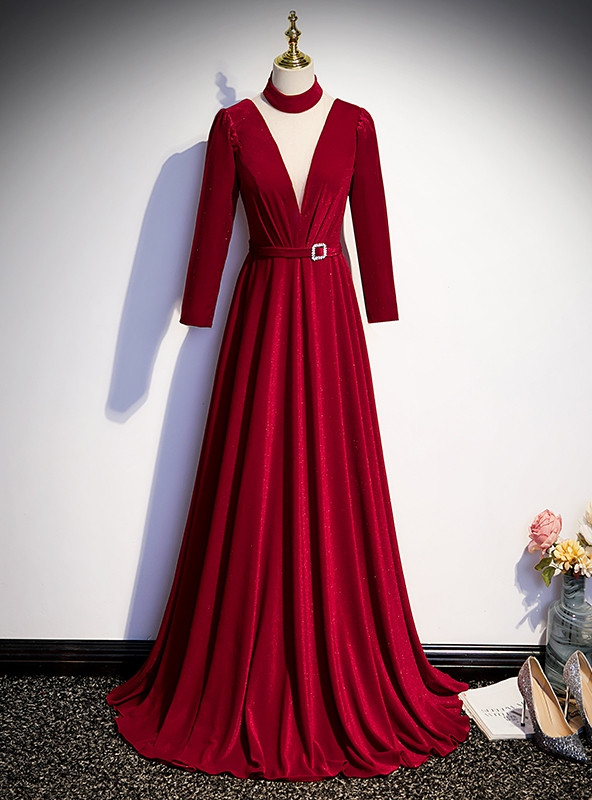 Burgundy Velvet Long Sleeve Square Formal Prom Dress main image 0