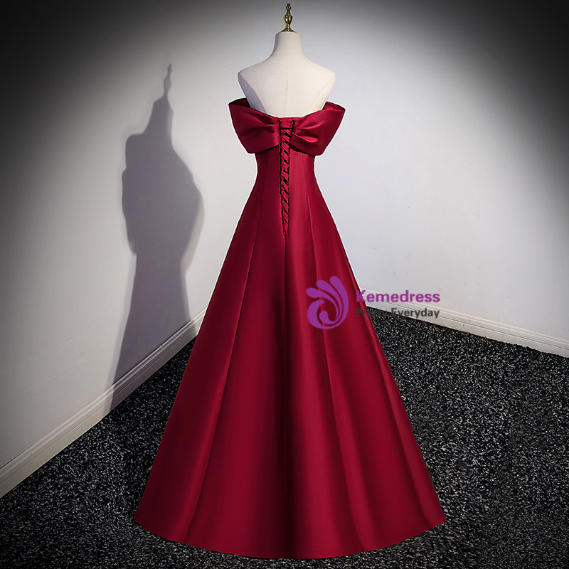 Asymmetrical Short Sleeve Pleated A-line Satin Dress Burgundy