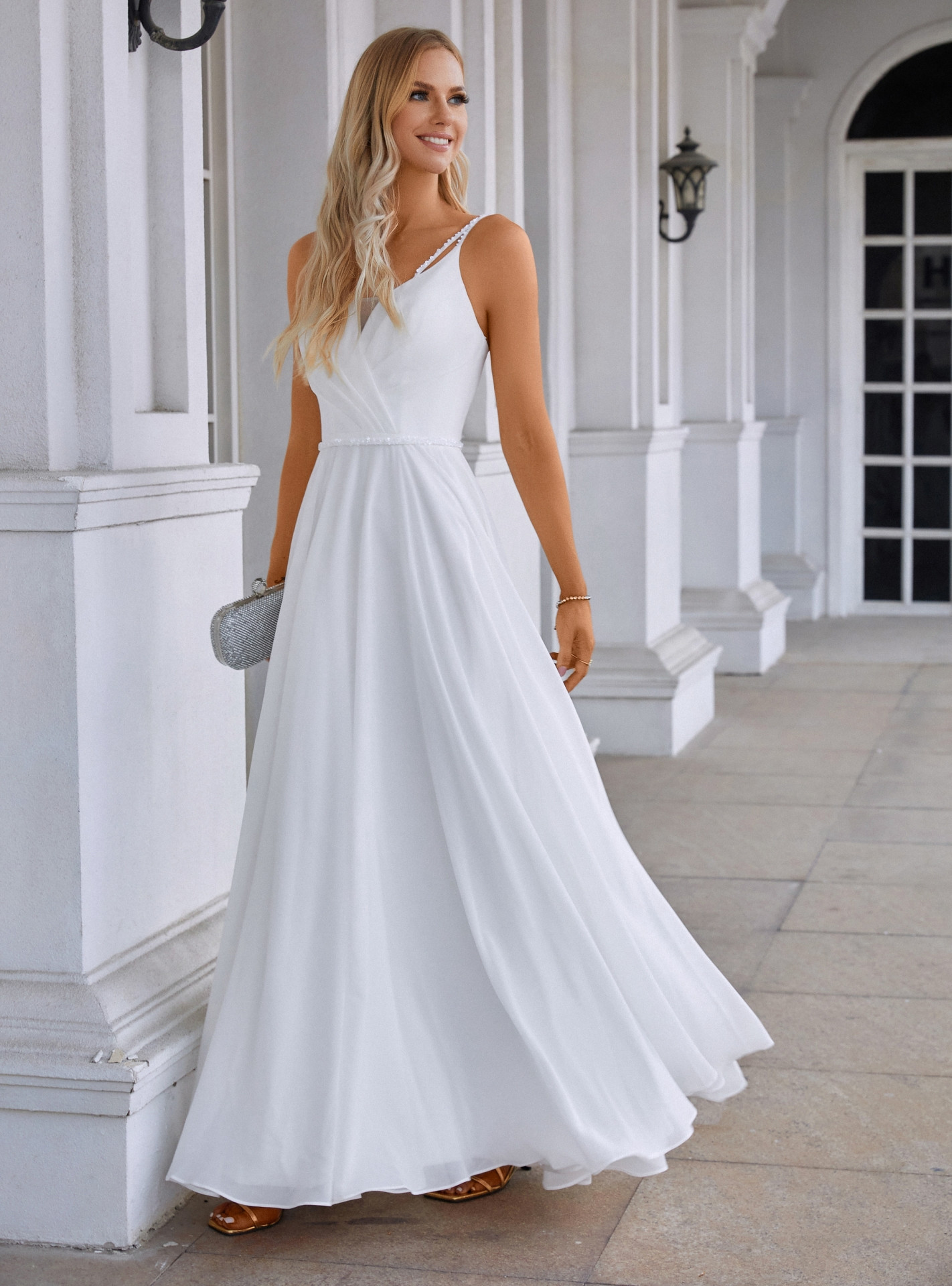 Long Chiffon Dress with V Neck & Pleated Upper Bodice White