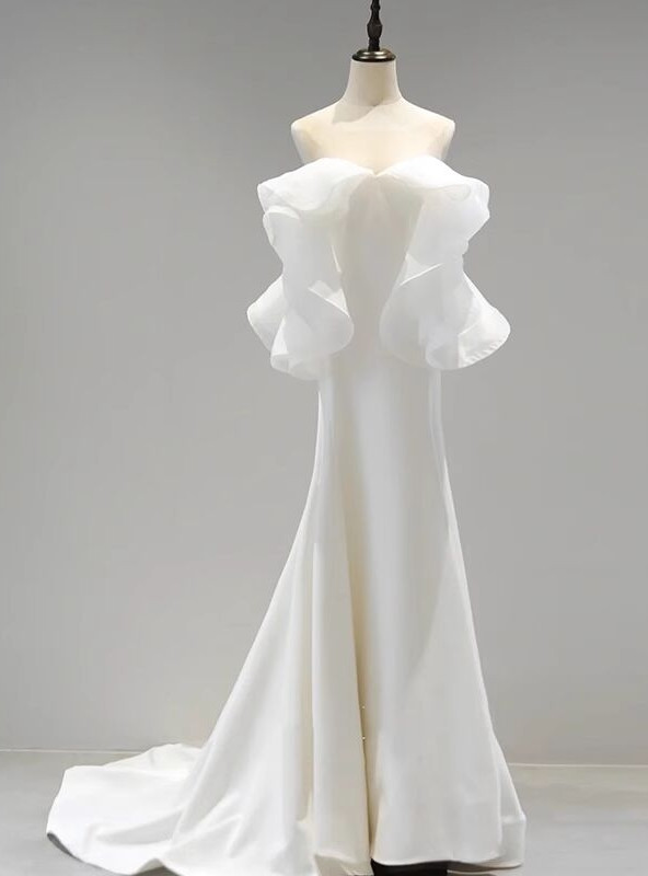 Off Shoulder Satin Long Wedding Dress White Bridal Gown main image 1