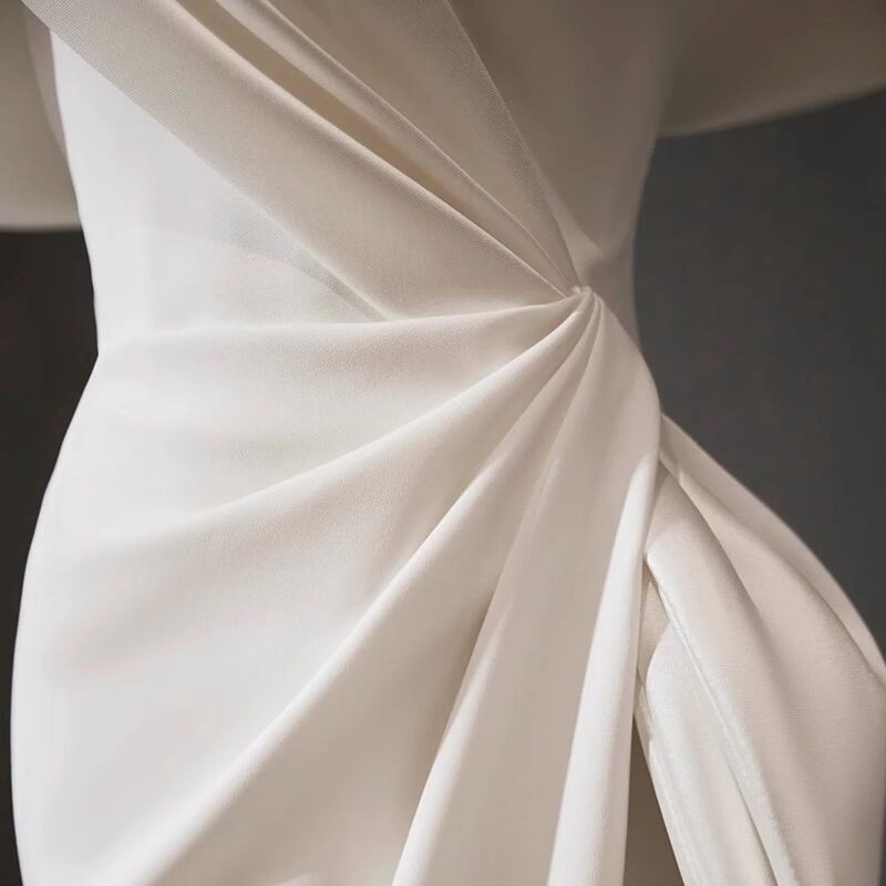 Waist Pleated Mermaid Stretch Satin Dress Ivory