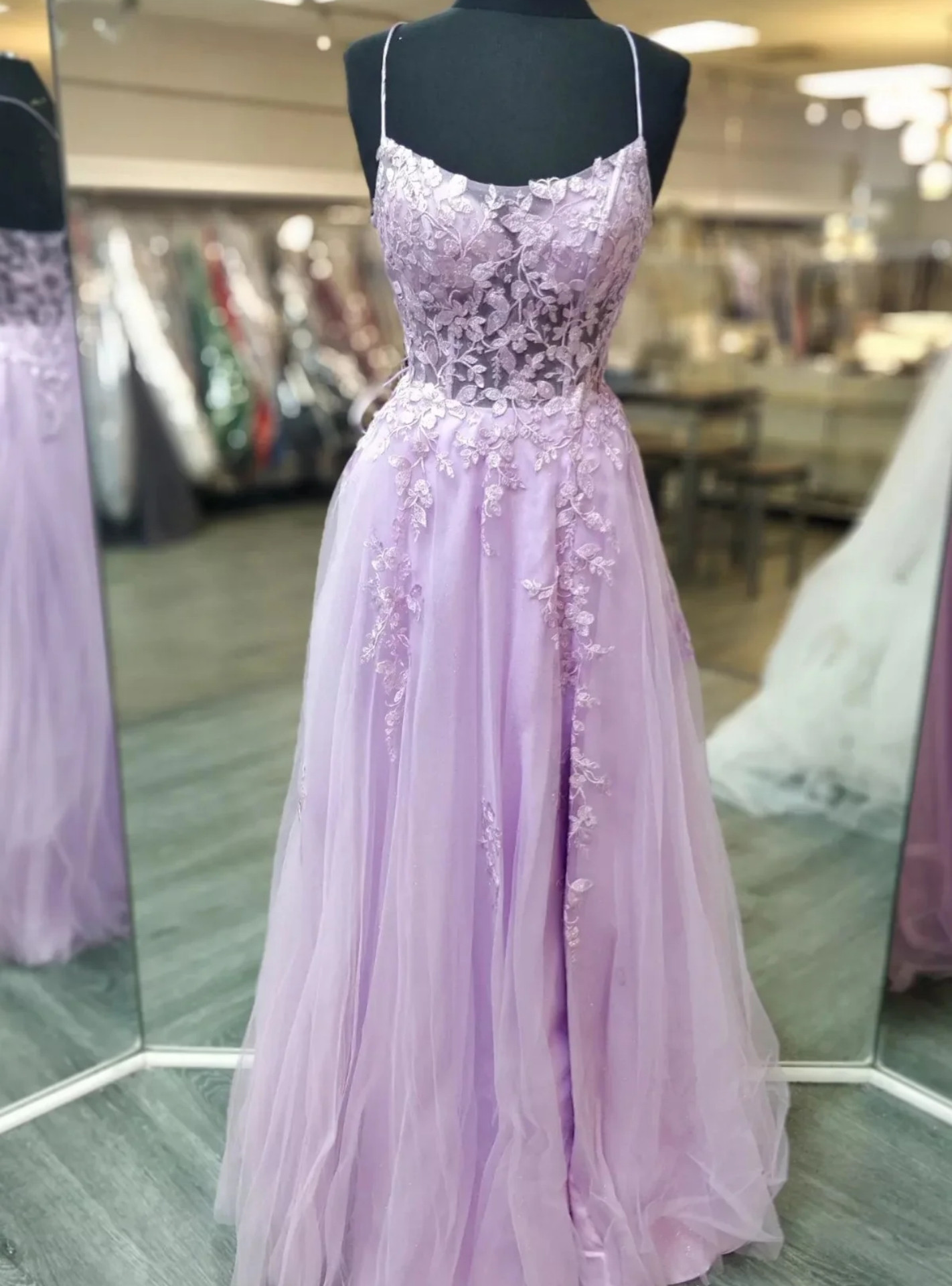 Purple Lace Appliques Dresses Long,Spaghetti Straps Tulle Prom Dresses main image 0