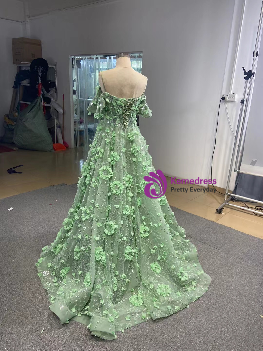Grey-blue Glitter 3D Flowers Tulle Prom Dress main image 0