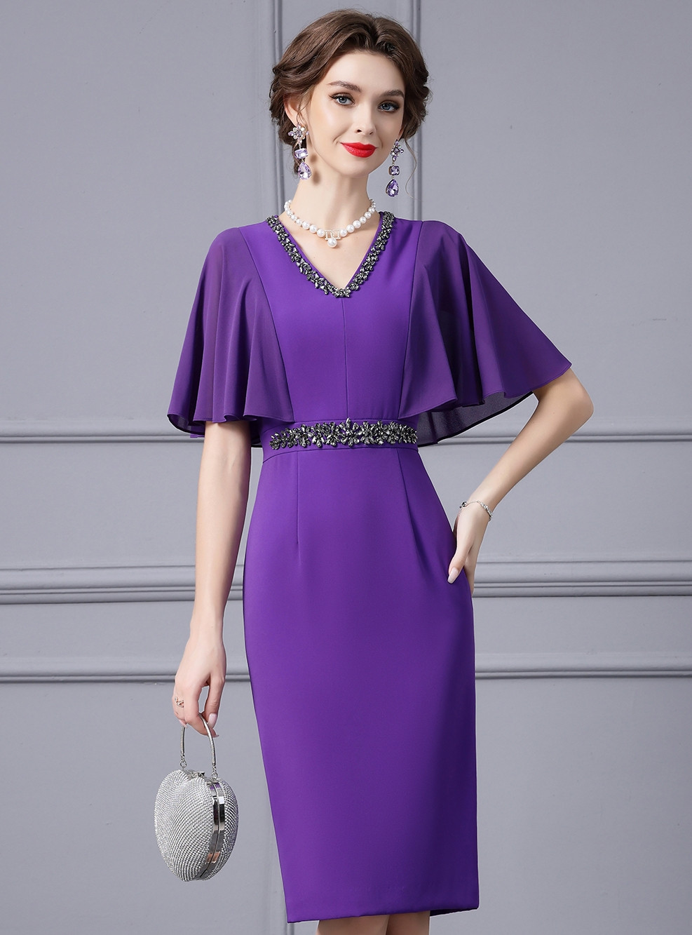 Women S Summer New V Neck Lotus Leaf Sleeve Solid Color Dress