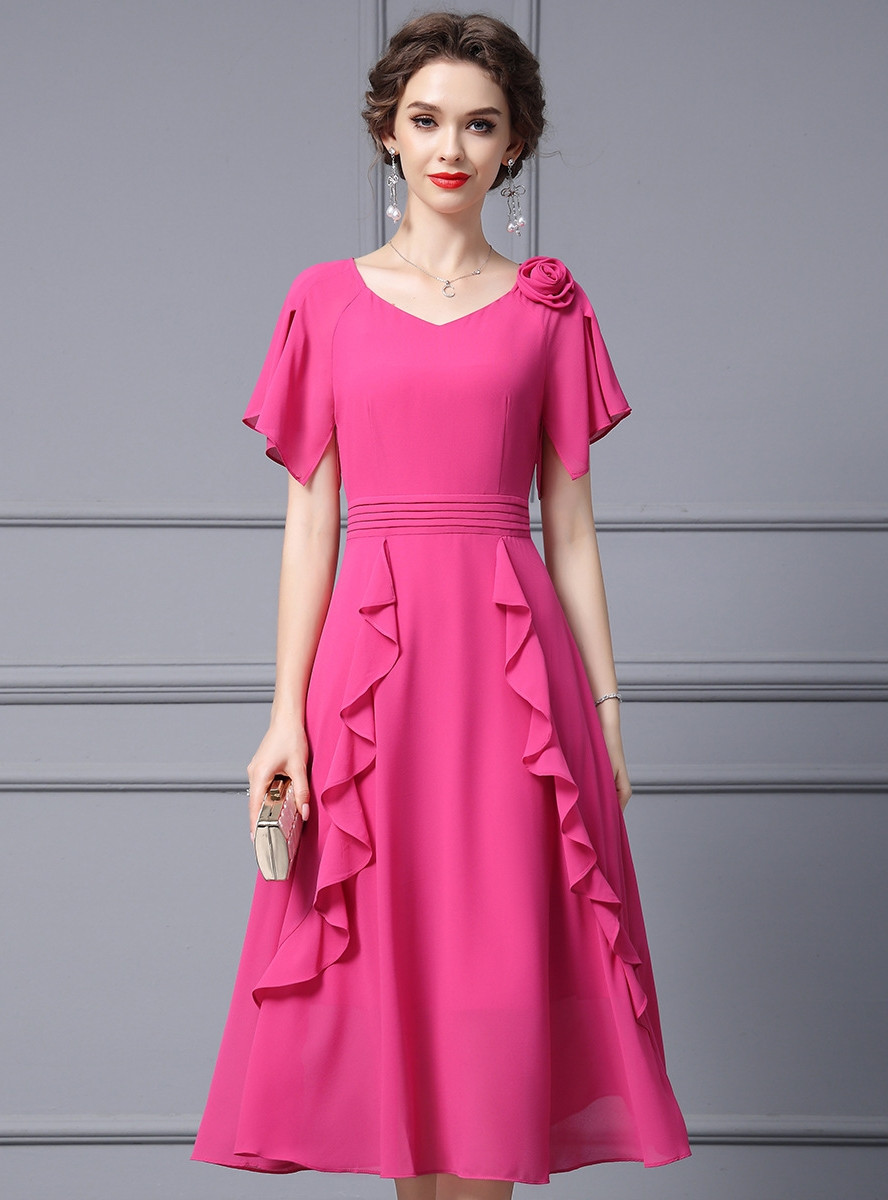 Fuchsia Flower Sheath Round Neck Mother of the Bride Dress with Sleeves main image 1