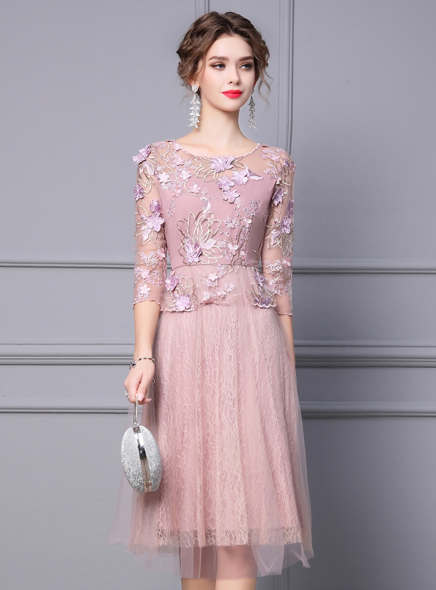 Pink Mother Of The Birde Dress Mock Two Pieces Beaded 3/4 Sleeves Tulle Mother Of The Bride Dress