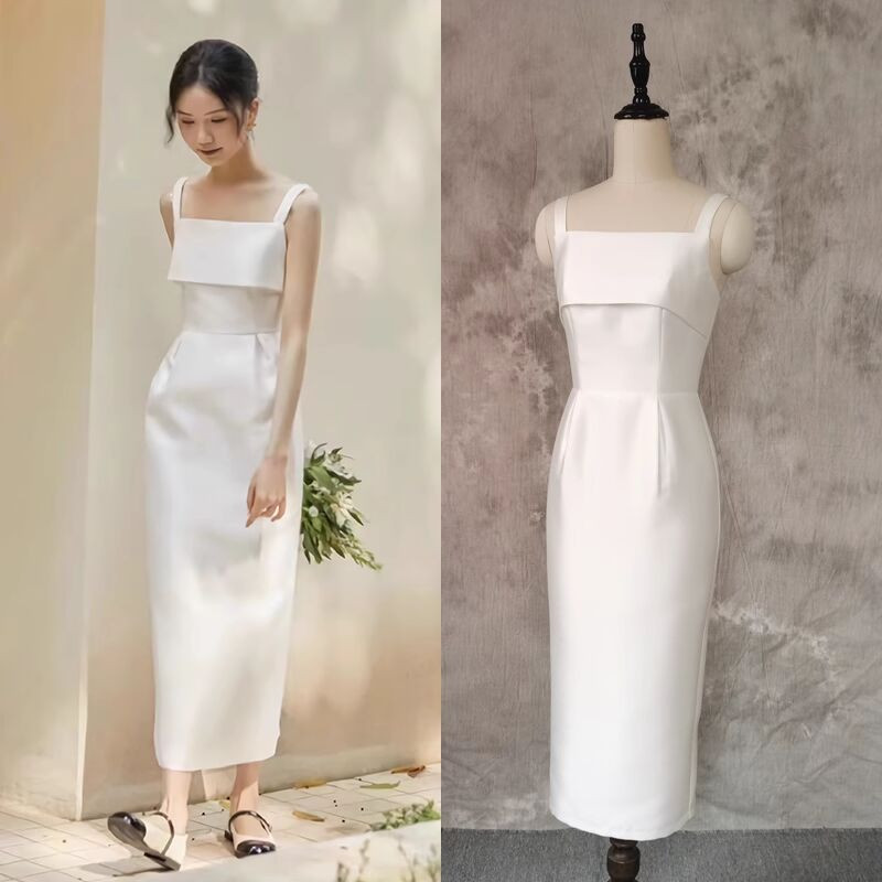 Classy White Spaghetti Straps Satin Beaded A Line Birthday Dress Party Dress main image 0