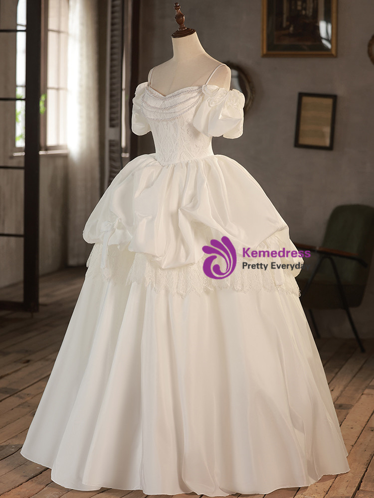Vintage Satin Lace Short Sleeve Wedding Dress main image 0