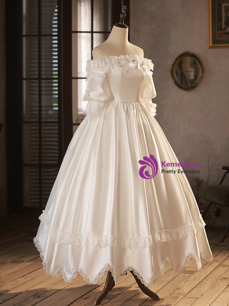 Off-Shoulder Puff Sleeve Satin Bubble Dress White main image 1